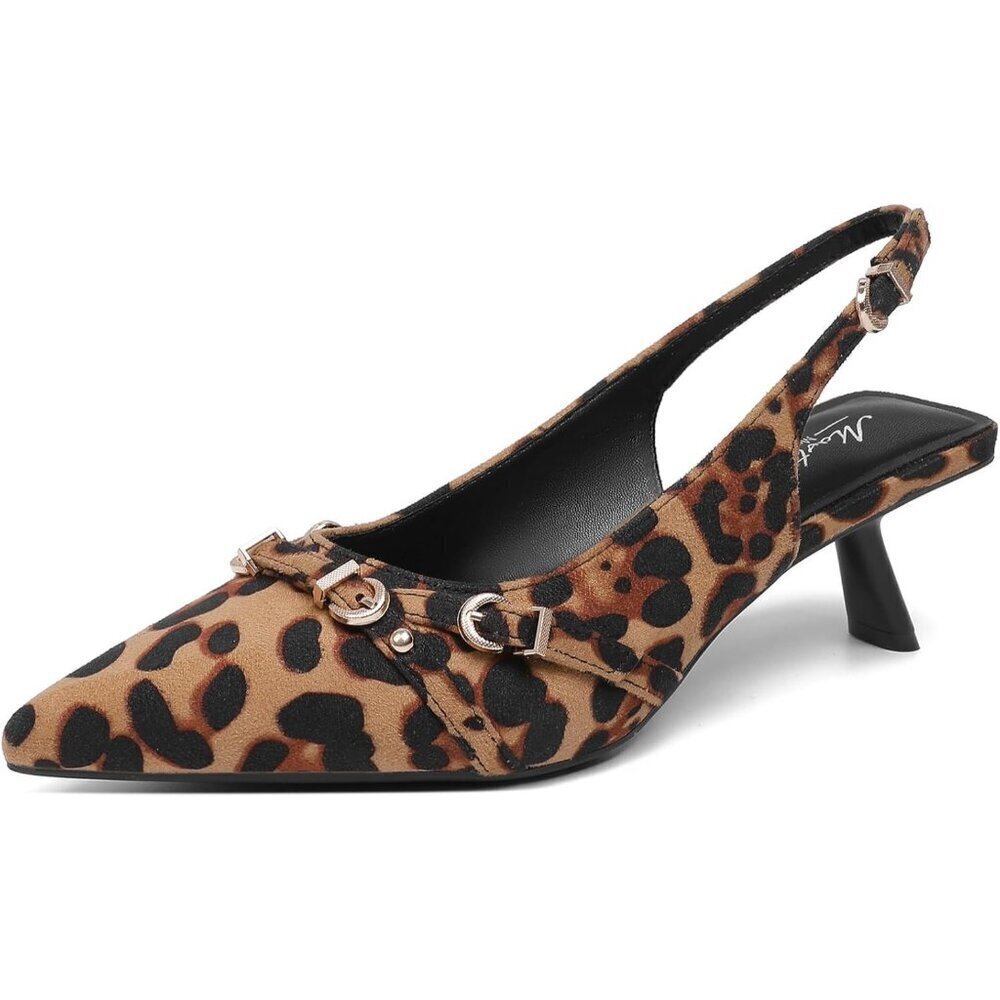Women's Leopard 2 Pointed Toe Pumps Patent Leather Slingback Heels With Buckle
